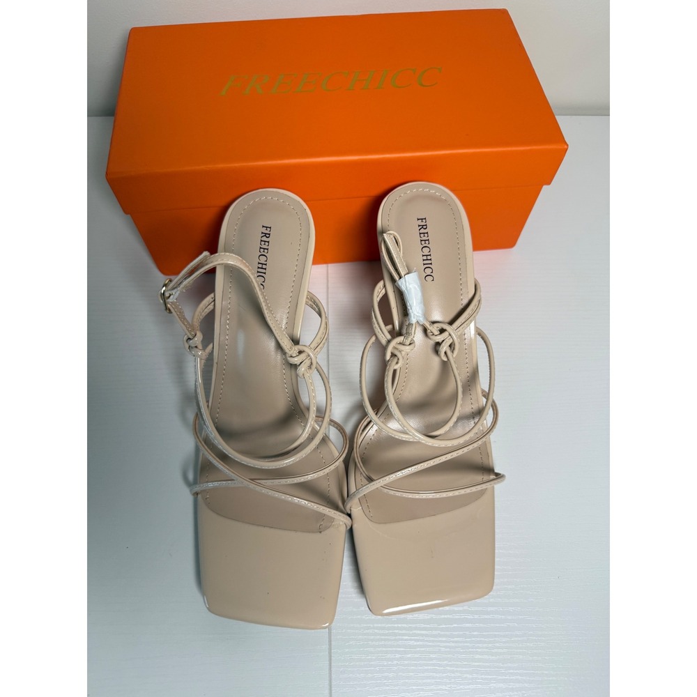 Freechicc Nude Beige Strappy Square Toe Heeled Sandals Size 9 Patent Knotted